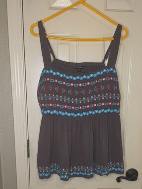 torrid chocolate tank with blue and red floral embroidery